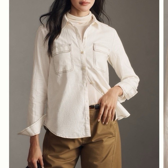 Maeve Tops - Maeve Anthropologie Contrast Stitch Linen Blend Button Shirt Size Medium